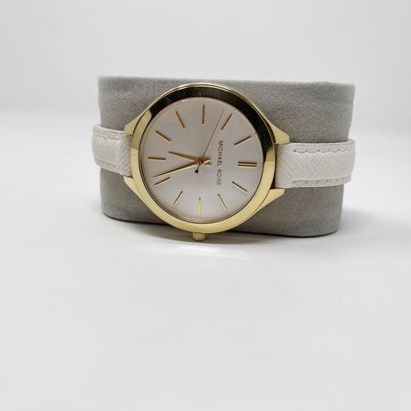 MIchael Kors Slim Runway White Dial White Leather Ladies Watch MK2273 Gold Tone - Picture 1 of 11